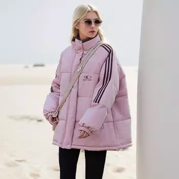 Полосатая одежда в американском стиле с воротником-стойкой из хлопка, одежда для хлеба, мужская и женская, свободная зимняя утепленная куртка для пар, свободная, теплая S розовый