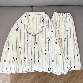 Полосатая пижама с принтом в виде звезд и галстука-бабочки для женщин, французская эстетика, милая модная одежда для сна, женская весенняя повседневная пижамная одежда XL