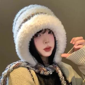 Полосатая плюшевая шапка в тон, женская осенне-зимняя, для защиты лица, маленькая шапка Lei Feng, теплая вязаная шерстяная шапка M56-58cm белый