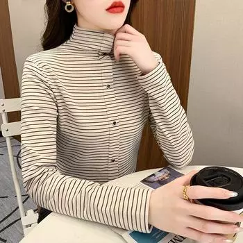 Полосатая полуводолазка нижняя рубашка для женщин 2024 осень и зима новый стиль немецкий бархат теплая футболка с длинными рукавами с модным верхом M чёрный