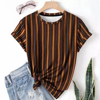Полосатая повседневная женская футболка, летняя, с круглым вырезом, короткими рукавами, топы с 3D-принтом, элементный узор, дышащая ткань XS