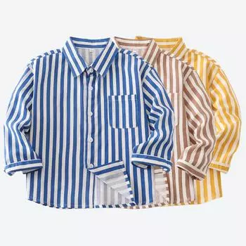 Полосатая рубашка для мальчиков с длинным рукавом, стильная хлопковая блузка, весна-лето 2025, повседневная детская одежда, топы, подростковые костюмы для детей от 2 до 7 лет 80cm