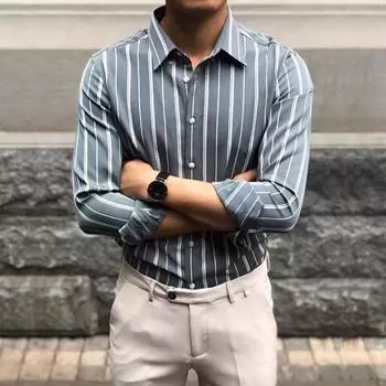 Полосатая рубашка для мужчин с длинным рукавом, весенне-осенняя, деловая M40-50kg чёрный