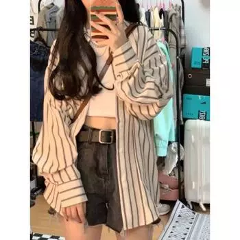 Полосатая рубашка куртка для женщин весна и осень новый корейский дизайн ниша тонкий длинный рукав кардиган топ с длинными рукавами M белый