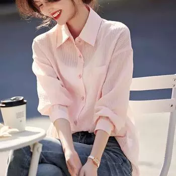 Полосатая рубашка куртка женская осень новый повседневный простой свободный и тонкий солнцезащитный легкий топ S