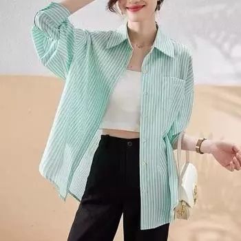 Полосатая рубашка, куртка, женская весенняя верхняя одежда, блузка с длинными рукавами, рубашка, весна и осень, повседневная, ленивая, ветреная, винтажная, базовая, офисная, повседневная женская рубашка S зелёный