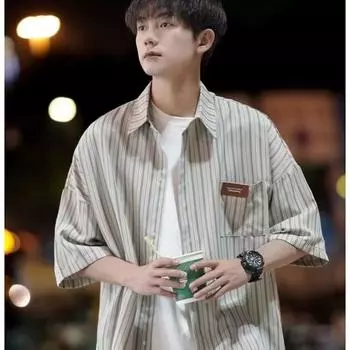 Полосатая рубашка мужская летняя повседневная студенческая свободная нишевая дизайнерская забавная новая мужская верхняя одежда M зелёный