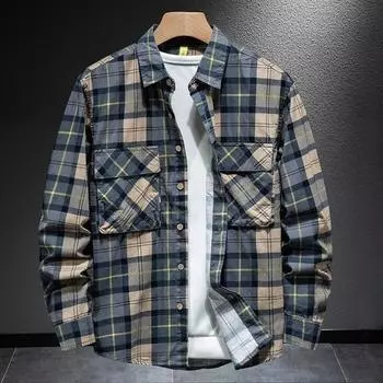 Полосатая рубашка, мужская повседневная рубашка, клетчатая рубашка, модные универсальные топы, трендовая рубашка с длинными рукавами M серый