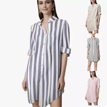 Полосатая рубашка с длинным рукавом - женская туника свободного покроя из льняной смеси S чёрный