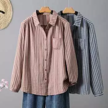 Полосатая рубашка с длинными рукавами для женщин, свободный утягивающий осенний наряд, художественный повседневный универсальный топ с лацканами, блузки и рубашки M