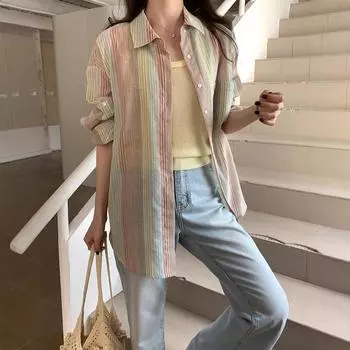 Полосатая рубашка с длинными рукавами и солнцезащитным кремом для женщин, весна-лето, новый свободный и тонкий кардиган, рубашка-топ S красный