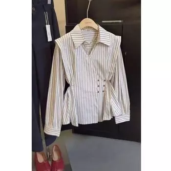 Полосатая рубашка с длинными рукавами и завязкой на талии, шикарная модная женская одежда с V-образным вырезом, корейский стиль, весна-осень, топ S