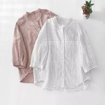 Полосатая рубашка с круглым вырезом, повседневная, универсальная, свободная, стройнящая, летняя, с рукавами пять четвертей, рубашка, кардиган для женщин, блузки и рубашки M розовый