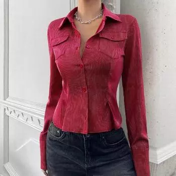 Полосатая рубашка с открытыми плечами Женская одежда на лето S красный