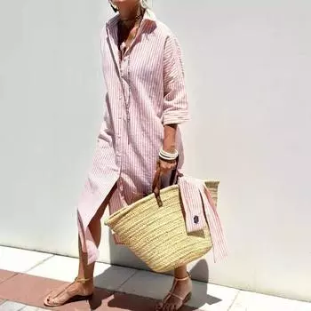 Полосатая рубашка с разрезом, летняя рубашка XS розовый