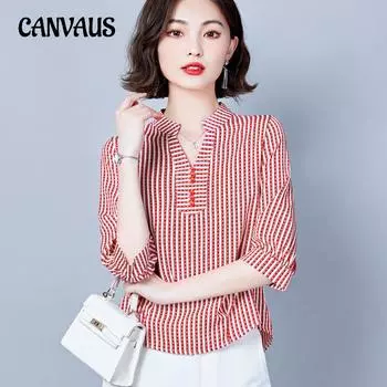 Полосатая рубашка с рукавом три четверти, женская летняя атласная блузка для снижения возраста, свободные шифоновые топы с животом M хаки