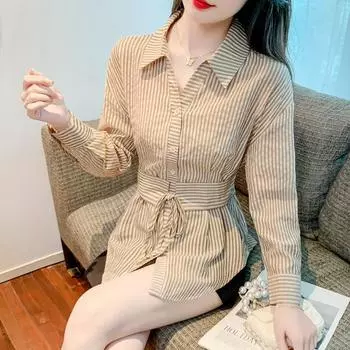 Полосатая рубашка, весенне-осенняя женская новая французская блузка с длинным рукавом и отложным воротником 3XL синий