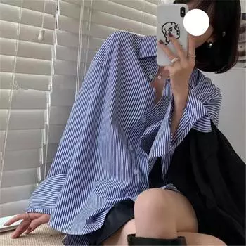Полосатая рубашка женская с длинным рукавом, свободная укладка, синяя полосатая рубашка женская винтажная базовая офисная повседневная женская рубашка удобная одежда one size fits all синий
