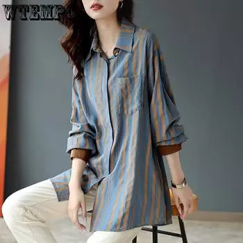 Полосатая рубашка женская серая повседневная свободная рубашка средней длины корейская версия топ летняя женская одежда M