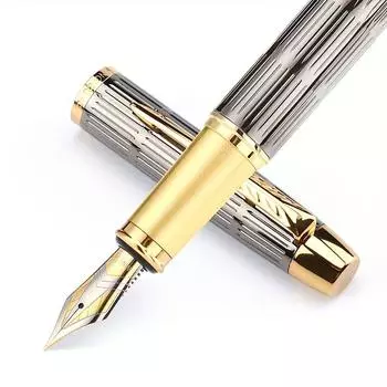 Полосатая серая перьевая ручка из высококачественного металла с иридиевым наконечником толщиной 0,5 мм, подходит как для офисных, так и для школьных мужских и женских ручек.