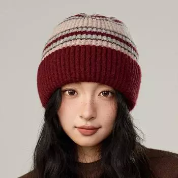 Полосатая шерстяная шапка в тон цвета осень-зима женская теплая вязаная шапка красный