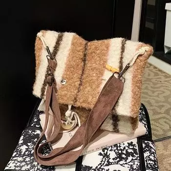 Полосатая шерстяная сумка через плечо Ленивая универсальная сумка через плечо большой емкости Ретро сумка-тоут коричневый