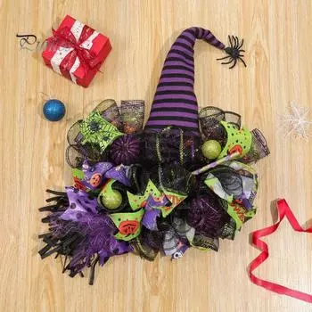 Полосатая шляпа ведьмы, паук, венок на Хэллоуин, точка, звезда, принт тыквы, лента, сетчатый декор, устрашающая атмосфера, украшение на Хэллоуин фиолетовый