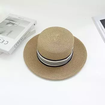 Полосатая соломенная шляпа с плоским верхом для женщин на лето, новая корейская знаменитость в Instagram, новая солнцезащитная шляпа для отпуска и прогулок хаки