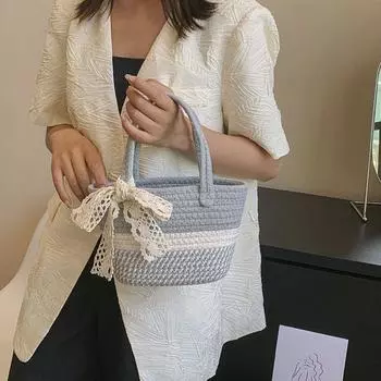 Полосатая сумка-тоут с бантом, пляжная сумка, сумка-ведро с цветком, переносная тканая сумка на запястье для покупок