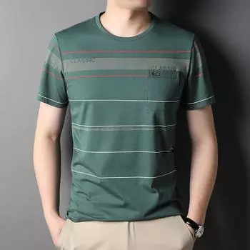 Полосатая свободная футболка с коротким рукавом, мужская летняя тонкая одежда для мужчин среднего возраста с карманами M