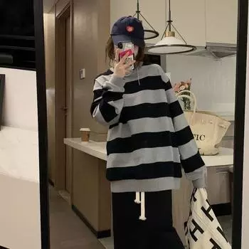 Полосатая толстовка с длинными рукавами для женщин на осень в стиле Гонконга, ретро-дизайн, маленький стиль, тонкий свободный пуловер в корейском стиле, топ, модный M