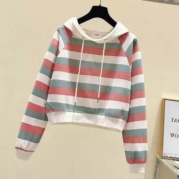 Полосатая толстовка с капюшоном контрастного цвета, повседневный женский топ с длинными рукавами S жёлтый