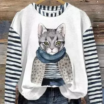 Полосатая толстовка с котом для женщин, модный пуловер с круглым вырезом, топ, повседневная уличная одежда, женский свитер в стиле хип-хоп, женский свитер, одежда 2XL