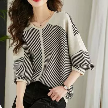 Полосатая трикотажная футболка для женщин, осенняя мода, свободная красивая маленькая рубашка с длинным рукавом, нижняя часть рубашки, верхняя часть S чёрный