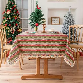 Полосатая Вышивка Цветок Розовый Север Скатерть для Обеденного Стола Скатерть Покрытие Ткань Круглая Подставка Под Стол Бахрома Домашний 60*60cm