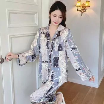 Полосатая весенне-летняя новая свободная пижама с принтом, женская удобная повседневная пижама с лацканами из ледяного шелка M