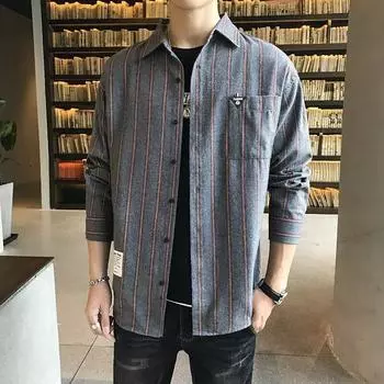 Полосатая винтажная рубашка с длинными рукавами, мужская трендовая свободная повседневная куртка в клетку, 2024, мужские топы tide M чёрный