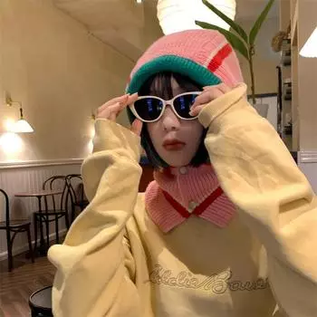 Полосатая вязаная шапка-шарф, интегрированная шапка-пуловер, теплая осенне-зимняя защитная шерстяная шапка для езды на велосипеде, холодная M56-58cm серый