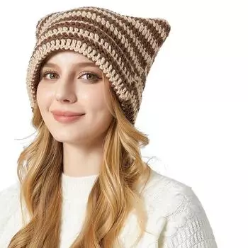 Полосатая вязаная шапка Женская шерстяная шапка с рисунком чёрный