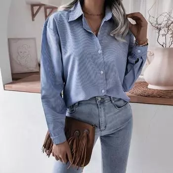 Полосатая женская блузка с длинными рукавами, весна-лето, рубашка с отложным воротником, однобортная, со свободной талией, шикарный карман, M-4XL M синий