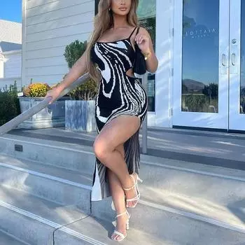 Полосатое платье-комбинация с принтом, сексуальное тонкое платье макси, женское платье с открытой спиной, нерегулярной шнуровкой, модная одежда, женское элегантное вечерние цельное платье S чёрный
