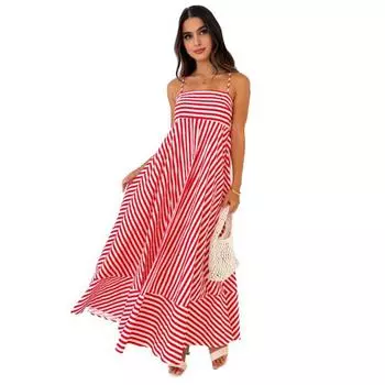 Полосатое платье макси без рукавов для женщин, бретельки-спагетти, присборенное, длинное платье-халат, летний сарафан на бретельках для отдыха S