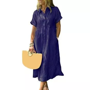 Полосатое платье-рубашка с лацканами на пуговицах и карманами, летнее повседневное длинное пляжное платье А-силуэта с коротким рукавом для женщин XXXL темно-синий