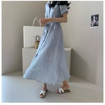 Полосатое платье-рубашка, женское, летнее, средней длины, свободного покроя, в корейском стиле, со шнуровкой на талии, утягивающее, с короткими рукавами, юбка из хлопка и льна S