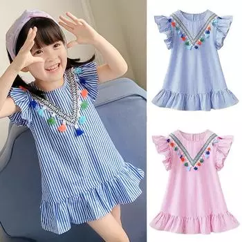 Полосатое платье с развевающимися рукавами для девочек от 3 до 9 лет, летнее платье принцессы с украшением в виде кисточек 100