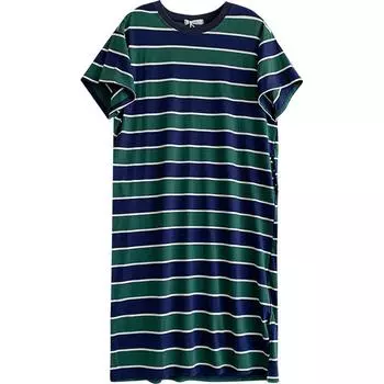 Полосатое платье со скрытым боковым карманом для женщин, средняя длина, чистый хлопок, летнее, новая корейская версия, свободный разрез, чтобы вы выглядели стройнее One size