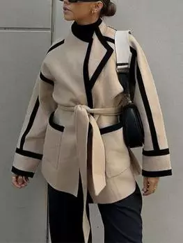 Полосатое женское шерстяное пальто с контрастными цветными ремнями, длинными рукавами и карманами, повседневное осеннее офисное пальто, шикарная уличная куртка, верхняя одежда S хаки