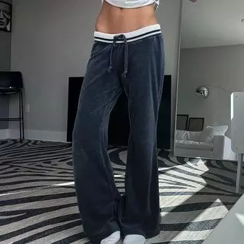 Полосатые бархатные свободные широкие брюки с эластичной талией, женские повседневные простые расклешенные модные брюки осень-зима S темно-синий
