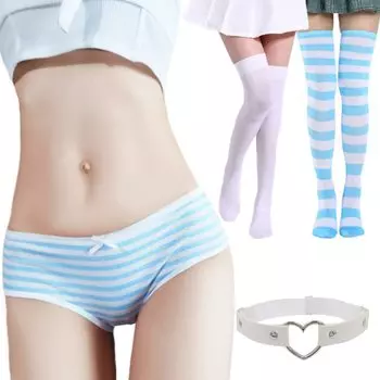 Полосатые брюки для косплея, нижнее белье, 4 предмета, светло-голубые брюки, полосатые, косплей, большой размер, сексуальная одежда, мужские и женские брюки, носки, женские [до колена]