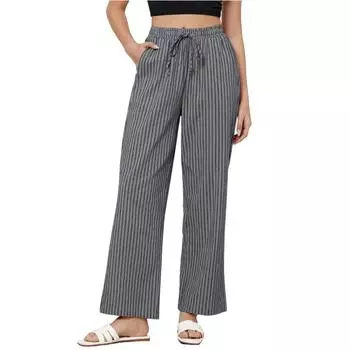Полосатые брюки для женщин с высокой талией и широкими штанинами из хлопка и льна, модные пляжные, на резинке, повседневные летящие брюки M